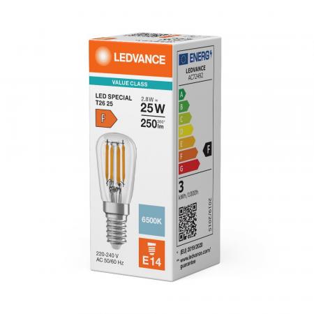 Ledvance E14 Special T26 LED Lampe 2,8W wie 25W kaltweißes Licht 6500K - Licht für Kleine Designerleuchten, Haushaltskühlschränke, Nähmaschinen